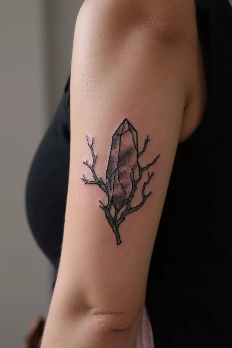 A close up shot of woman's arm with a black ink tattoo of a crystal nestled in twisted branches.