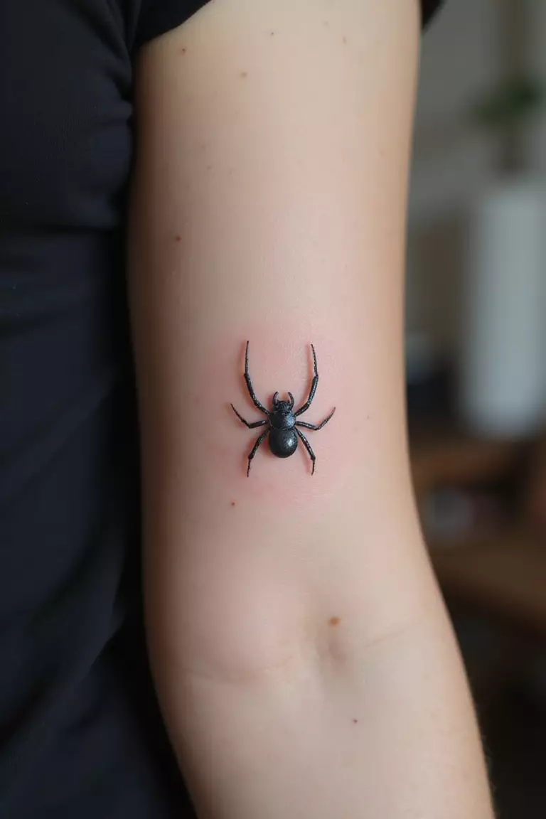 A close-up shot of a woman's arm with a black ink tattoo of a very small, discreet spider, no bigger than a fingernail.