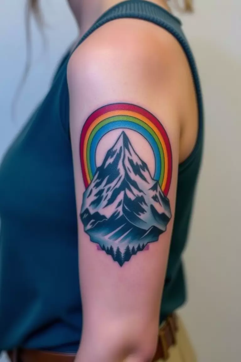 A photo of a woman with a mountain and rainbow tattoo on her arm, featuring vibrant colors.  