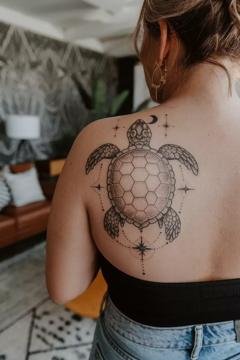 A close-up photo of a woman showing her celestial turtle tattoo on her back, adorned with stars and moons integrated into the design for a mystical theme, living room background.