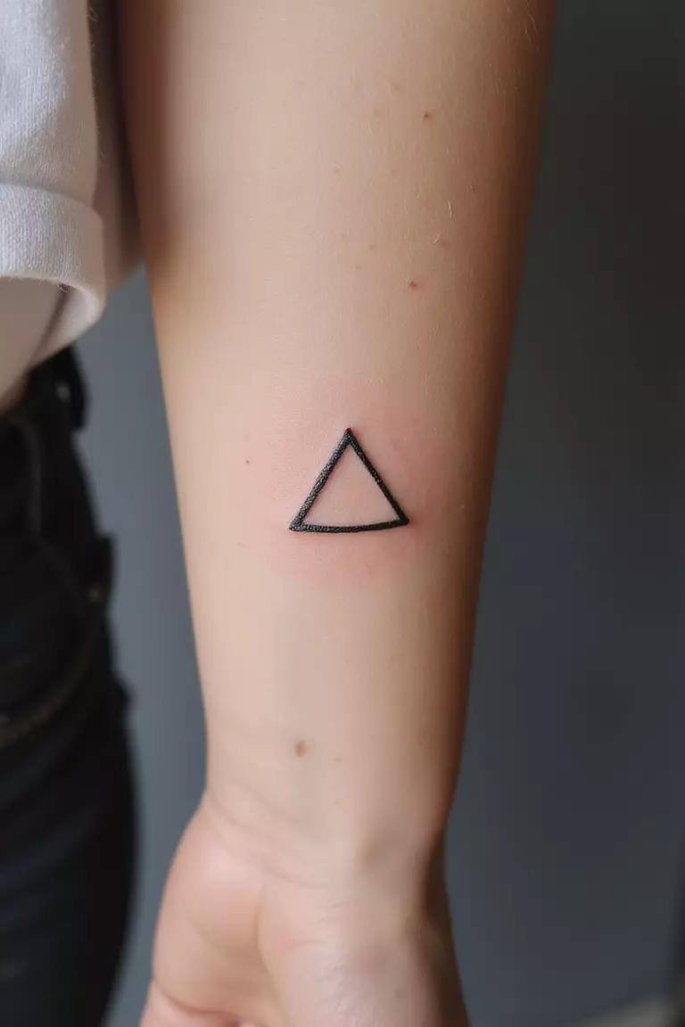 A close up shot of woman's arm with a black ink tattoo of a small triangle outline.