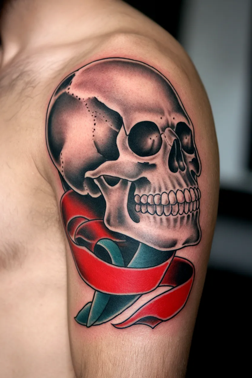 Skull With Red Ribbon Tattoo