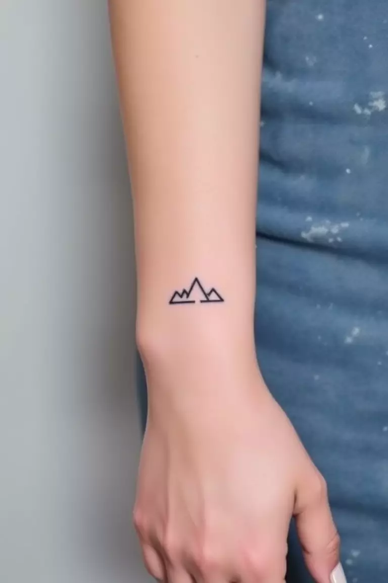 A photo of a woman with a tiny mountain tattoo delicately placed on her wrist, showcasing a minimalistic design.  