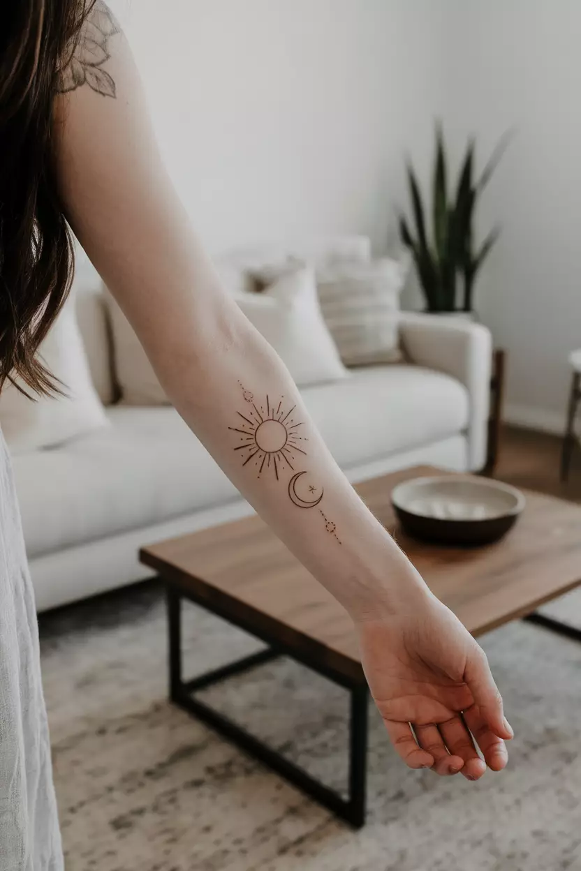A close-up photo of a woman showing her forearm with a simple, clean linework tattoo of a minimalist sun and moon design, tattoo design, living room background