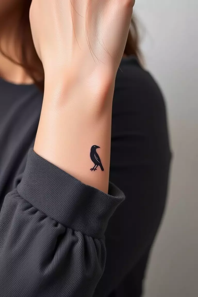 A photo of a woman showcasing a minimalist crow outline tattoo on her wrist, emphasizing simplicity and elegance.  