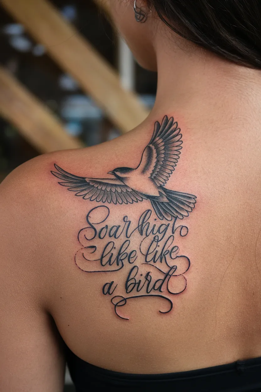 Bird and Quote Spine Tattoo