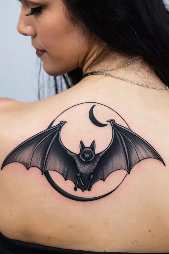A close-up photo of a woman showing her black and gray bat tattoo with a crescent moon, highlighting intricate detailing on her side.  