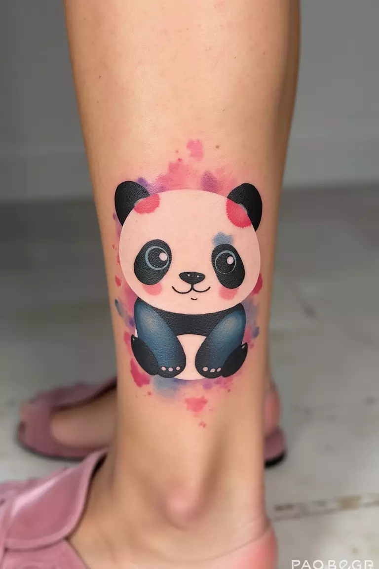 A close up shot of woman with a watercolor kawaii panda tattoo on her calf/ankle.  