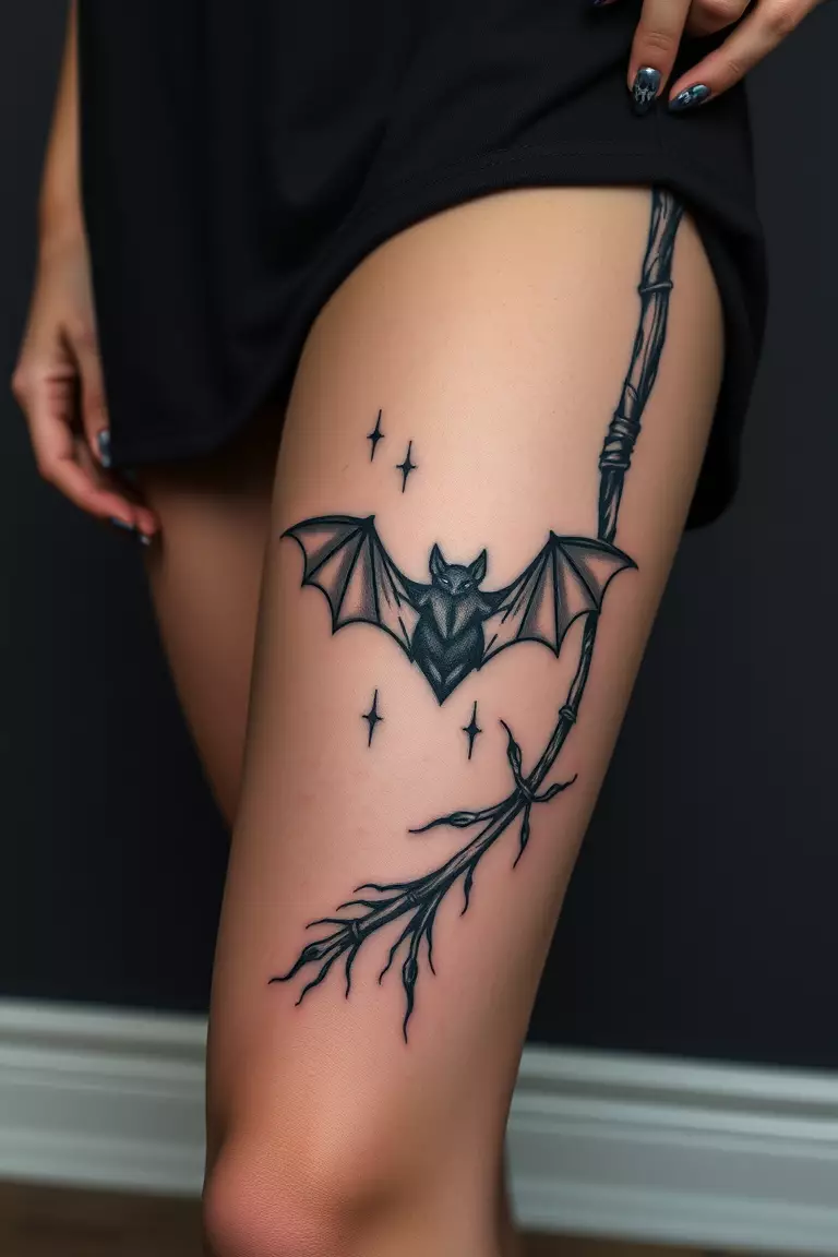 A close-up photo of a woman showing her blackwork bat tattoo on a witch s broom, featuring intricate designs in black ink on her thigh.  