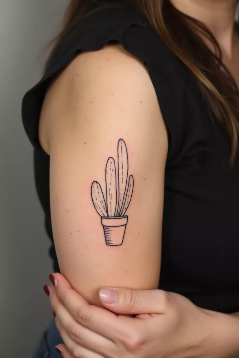 A close up shot of a woman showing her black ink minimalist cactus outline tattoo on her arm in a small pot  