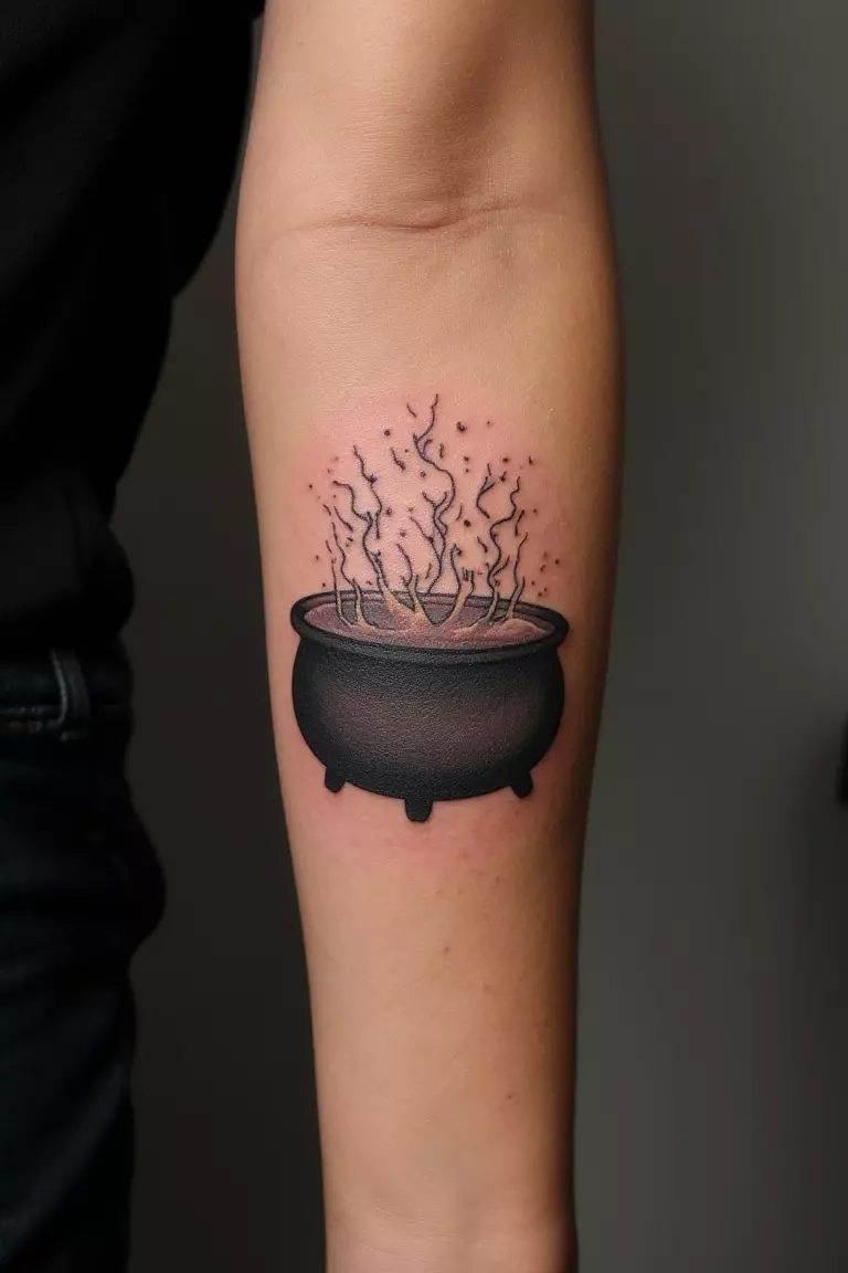 A close up shot of woman's arm with a black ink tattoo of a cauldron with bubbling liquid.