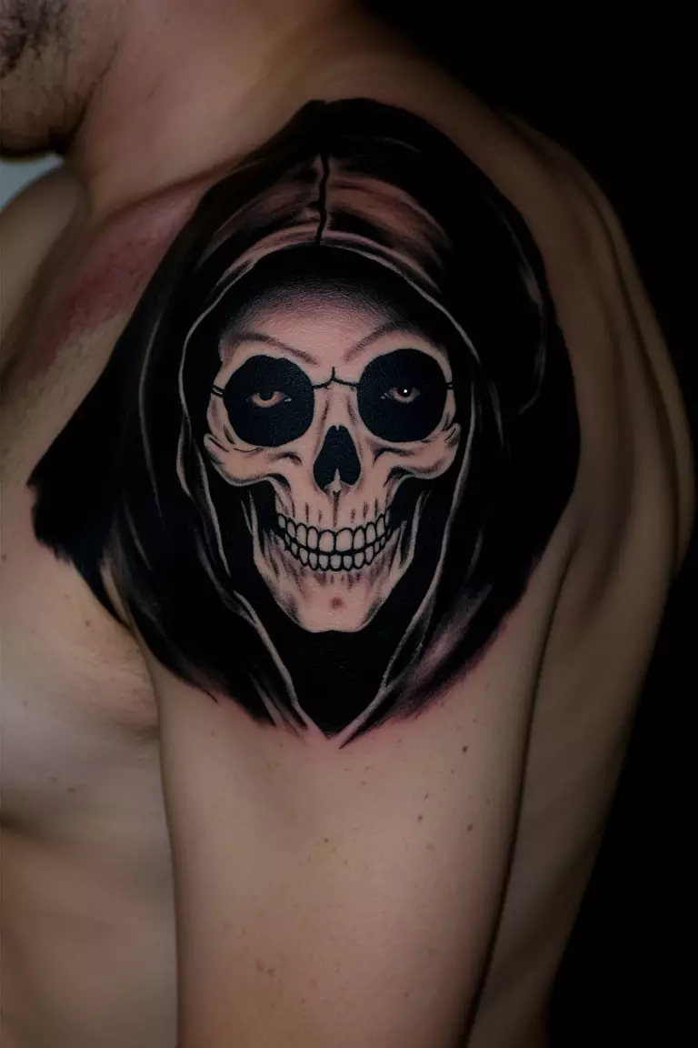 A close up shot of man's shoulder with a black ink grim reaper face hidden under a hood tattoo  