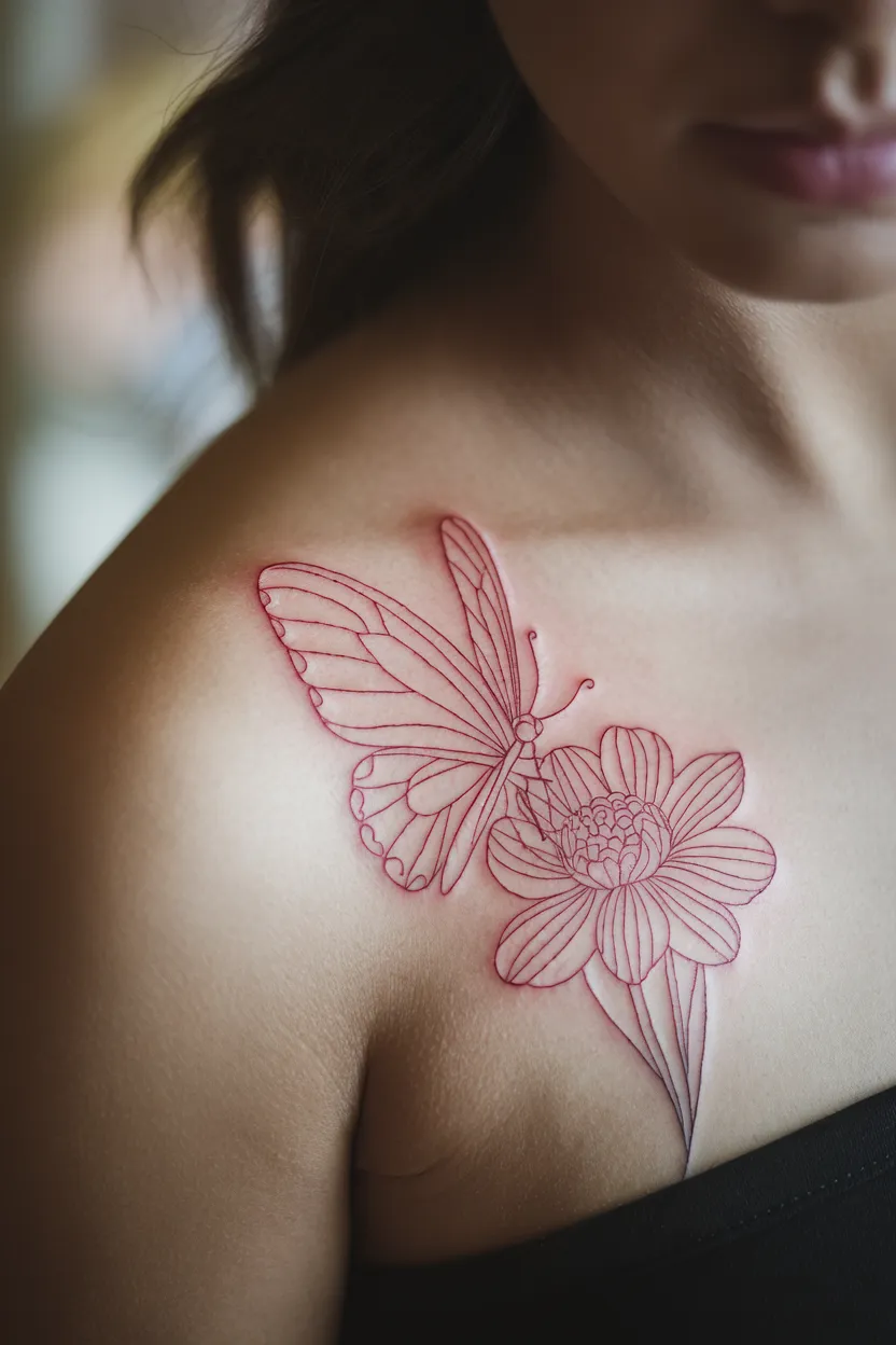 Delicate Linework Red Butterfly Tattoo