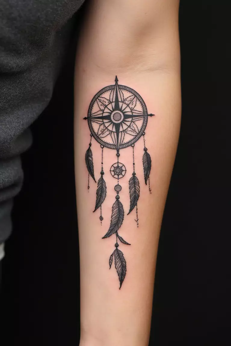 A close up shot of woman's arm with a black ink compass dreamcatcher tattoo.  