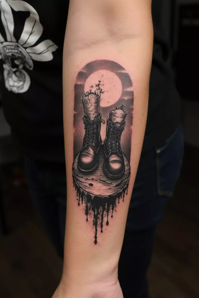 A close up shot of woman's arm with a black ink tattoo of boots on a mystical platform.