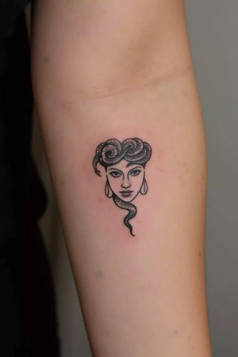 A close up shot of woman's arm with a black ink tattoo showing a small, stylized snake representing Medusa, simple yet powerful mythological symbol.
