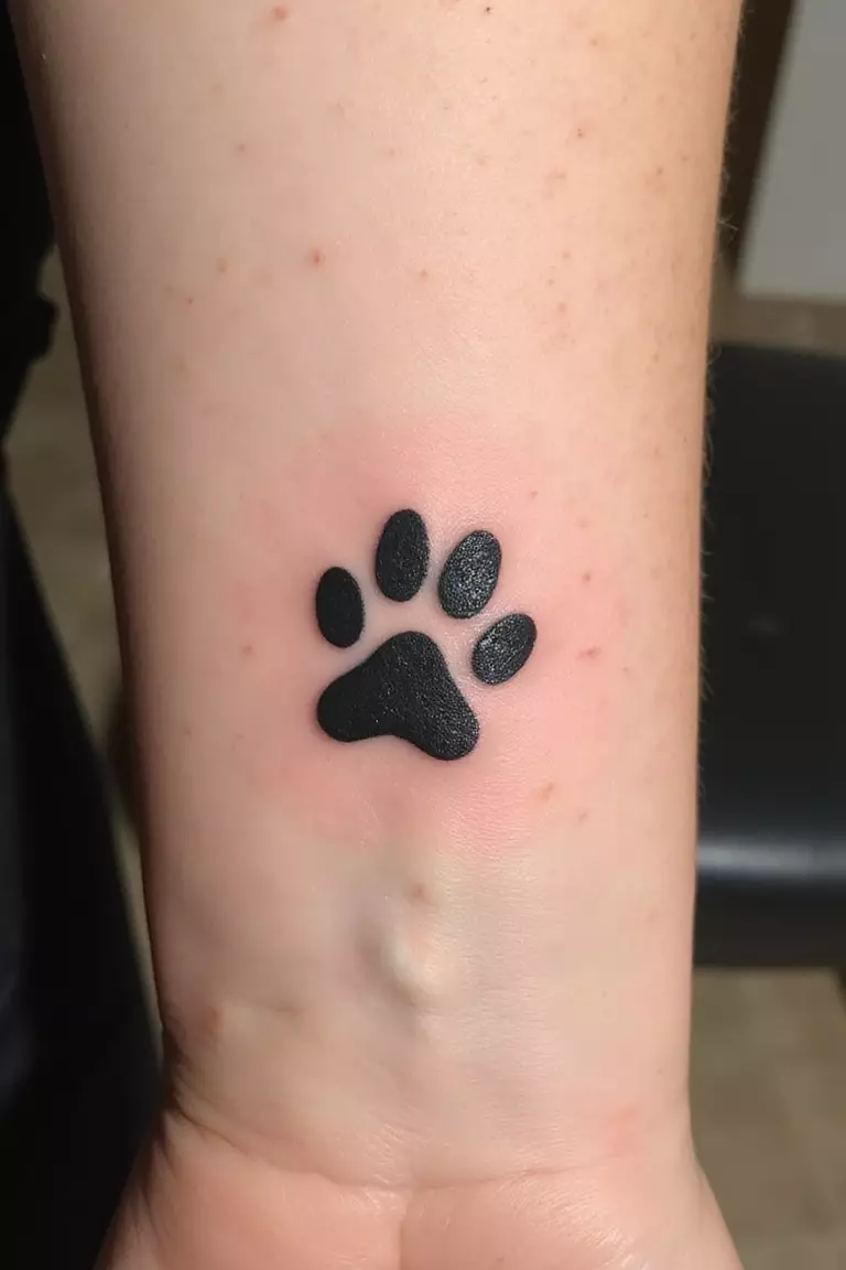 A close-up shot of a woman's arm with a black ink tattoo of a small, single paw print, cute and simple.