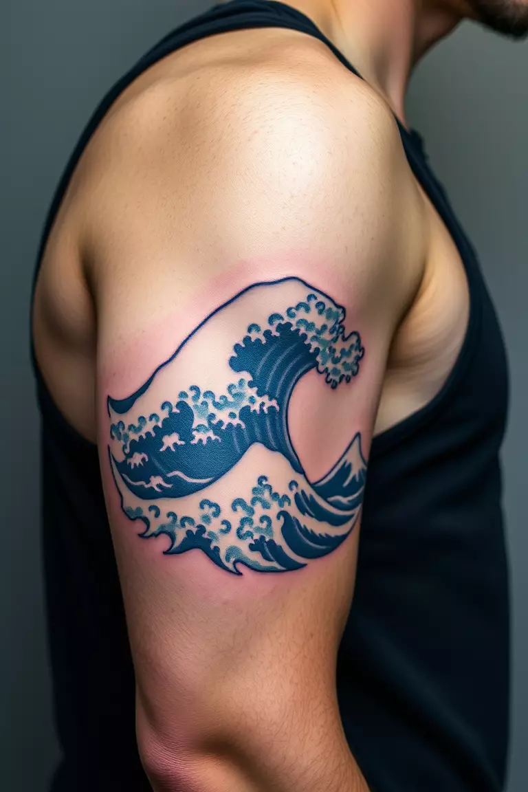 A photo of a man with old school Japanese waves tattooed in blue ink on his upper arm.  