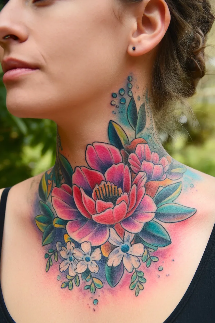 Floral Designs Neck Tattoo
