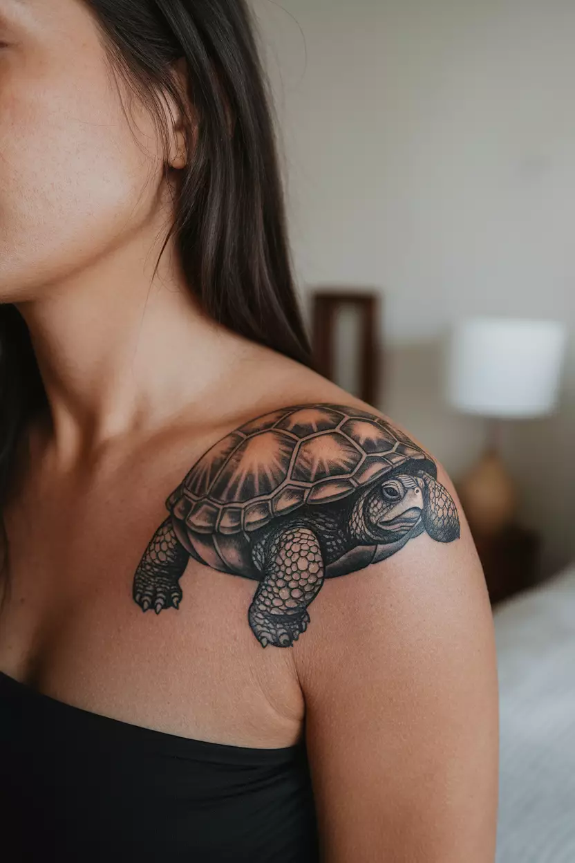 A close-up photo of a woman showing her turtle tattoo on her shoulder, capturing the detailed textures of the turtle's shell and skin, giving it a lifelike appearance, bedroom background.