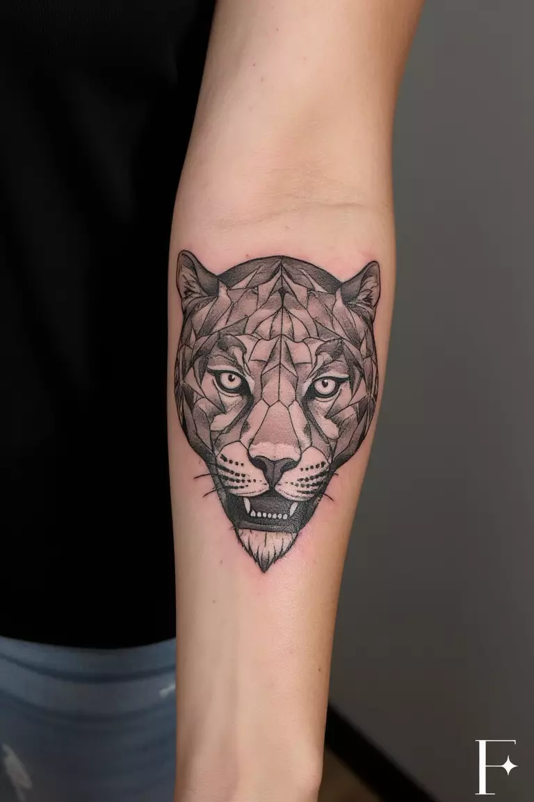 A photo of a woman showing her geometric leopard face tattoo on her forearm, with intricate patterns and angular lines creating a modern interpretation