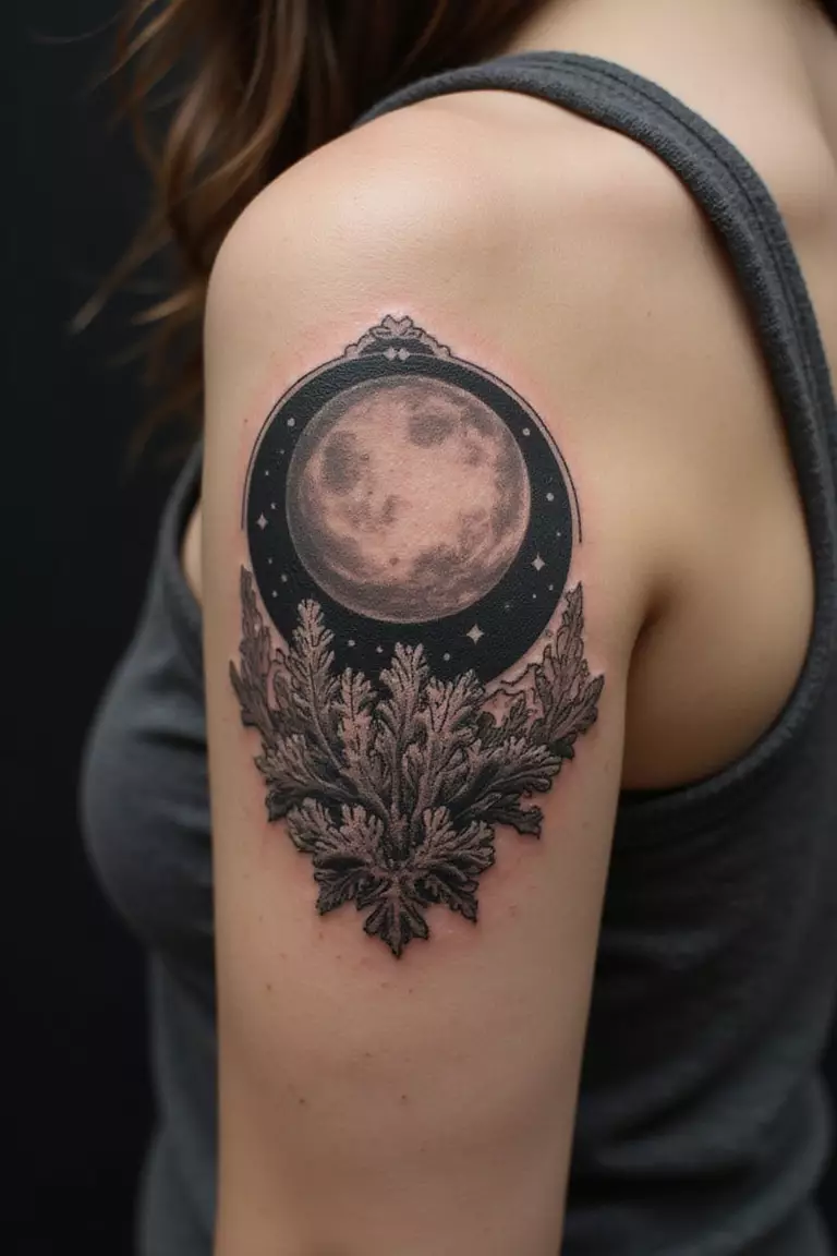 A close-up shot of a woman showing her black ink moon and coral scene tattoo design on her arm