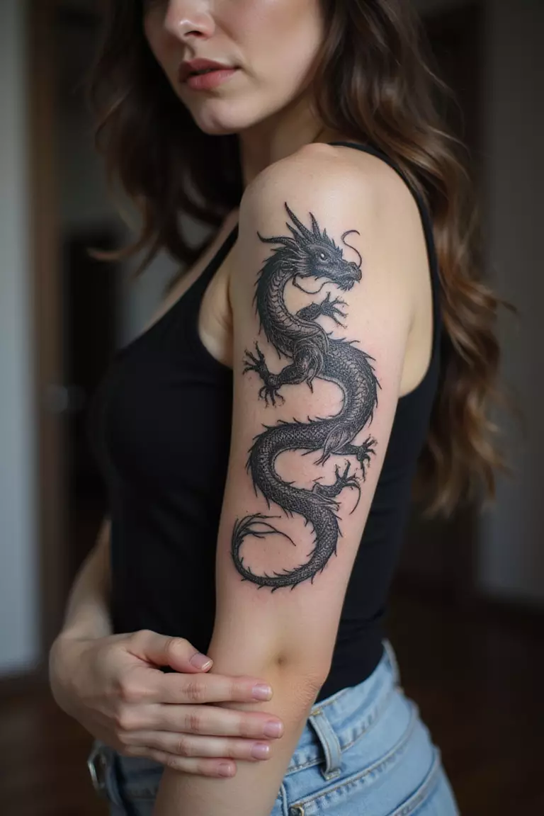 A close-up shot of a woman showing her black ink mystical dragon tattoo on her arm