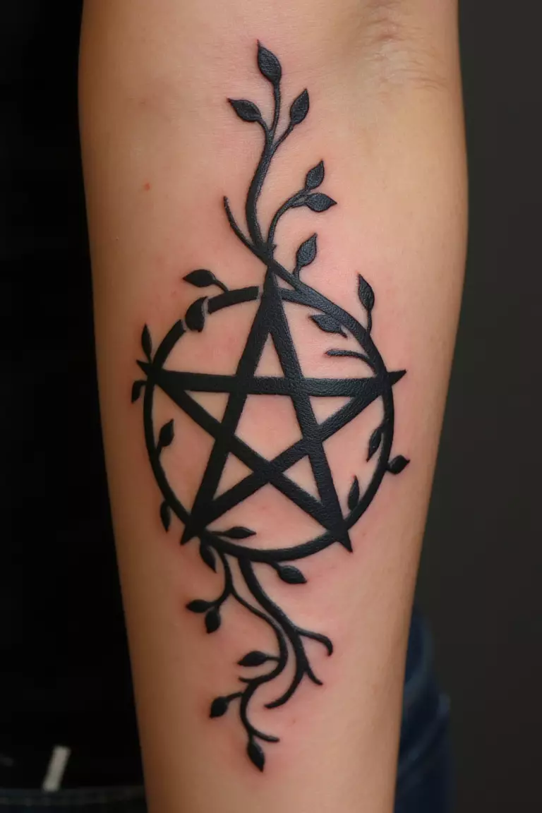 A close up shot of woman's arm with a black ink tattoo of a pentagram entwined with vines.