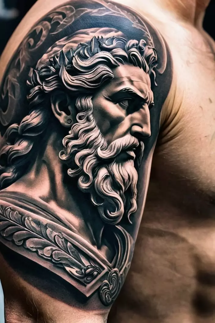 A close-up photo of a man showing his detailed Zeus tattoo on men s arm, showcasing intricate designs and powerful imagery of Zeus.  