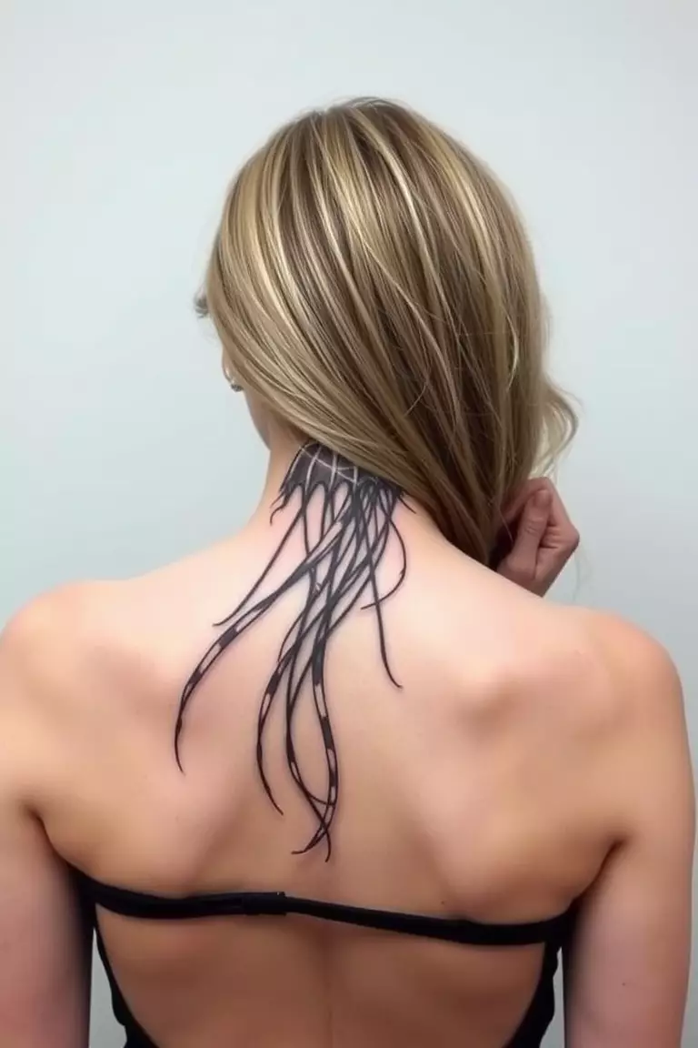 A close-up photo of a woman showing her large back piece jellyfish tattoo.  