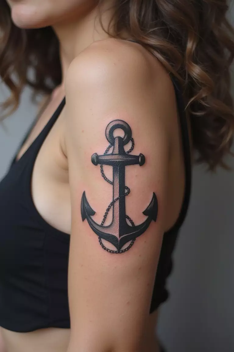 A close-up shot of a woman showing her black ink anchor for strength tattoo on her arm