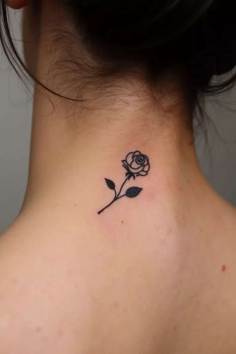 A close up shot of woman's neck from the back with a black ink tiny rose tattoo  