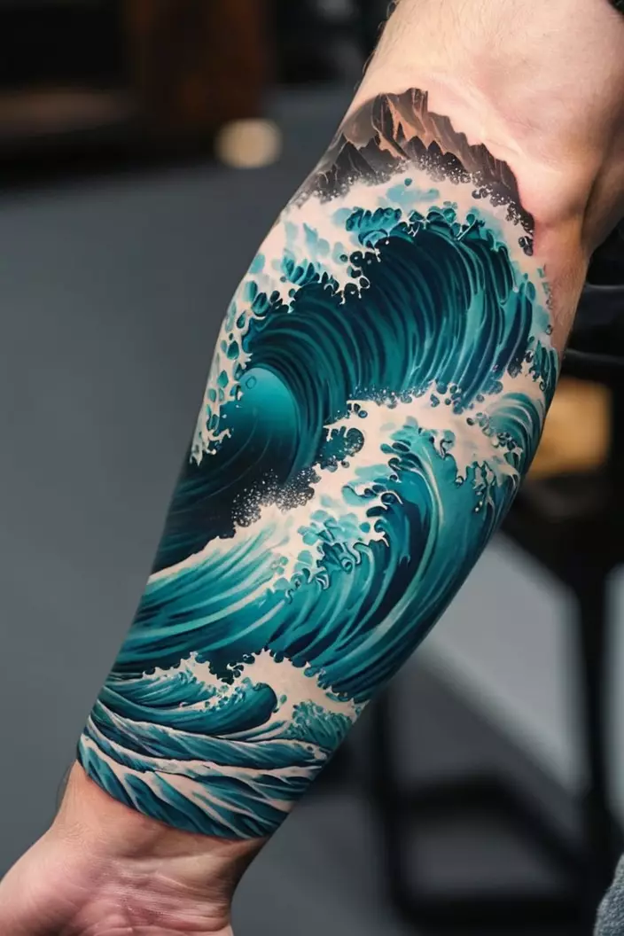 A photo of a man showcasing realistic waves tattooed on his forearm.  