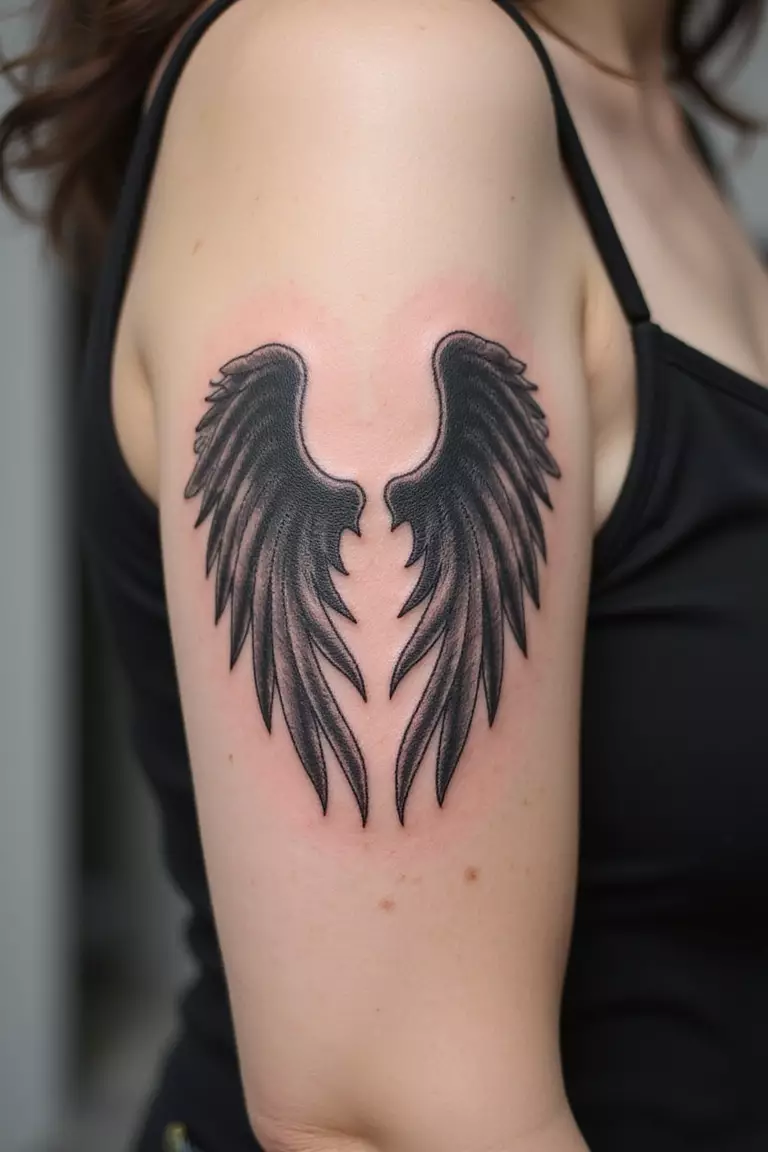 Watercolor Angel Wings A close-up shot of a woman's arm with a black ink tattoo of angel wings with soft, blended shading.