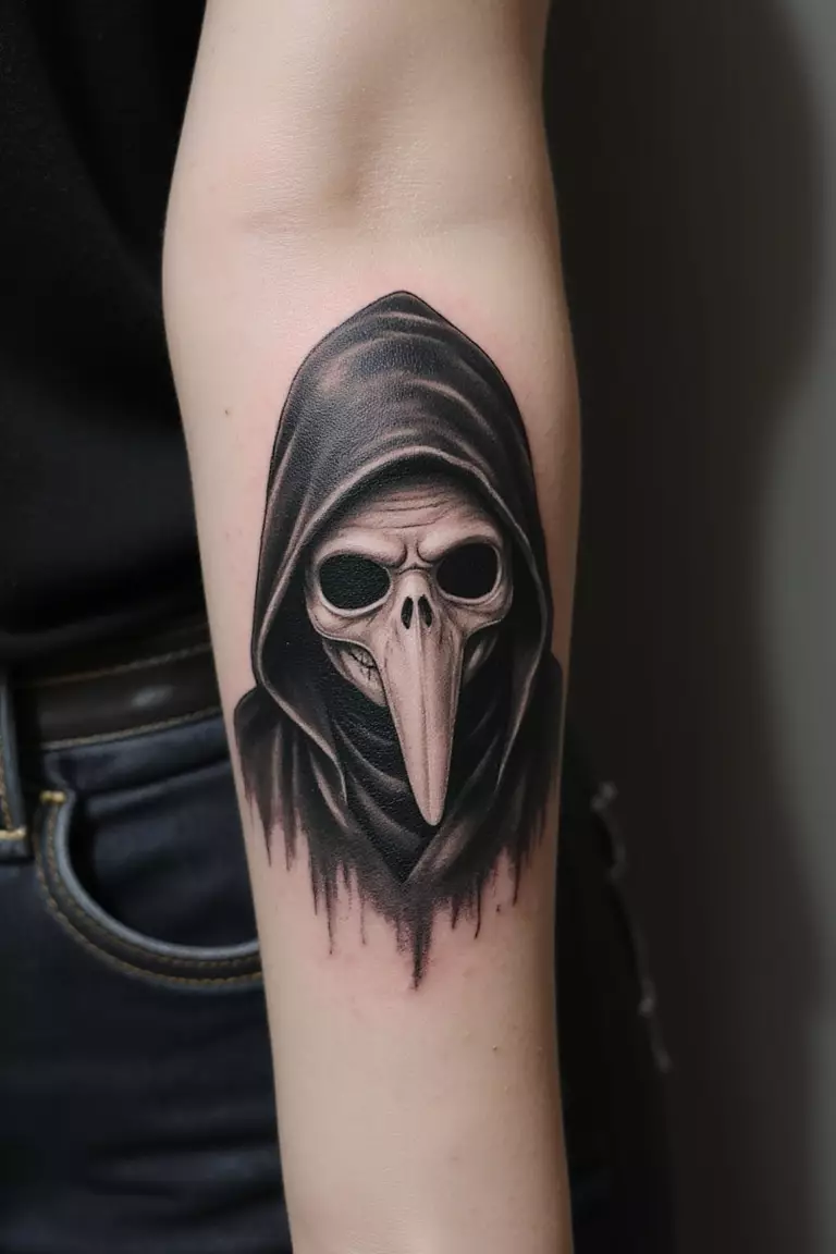 A close-up shot of a woman's arm with a black ink tattoo of a plague doctor mask.