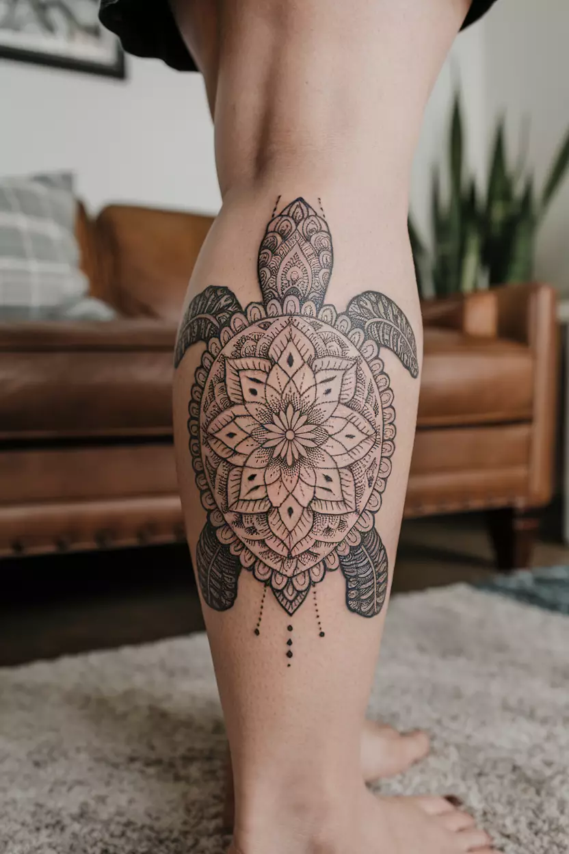 A close-up photo of a woman showing her mandala turtle tattoo on her leg, featuring intricate mandala patterns incorporated into the turtle design for a spiritual and artistic flair, living room background.