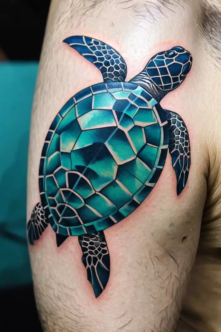 A close-up photo of a man showing his geometric aquatic turtle tattoo, showcasing a turtle combined with wave-like geometric patterns.  