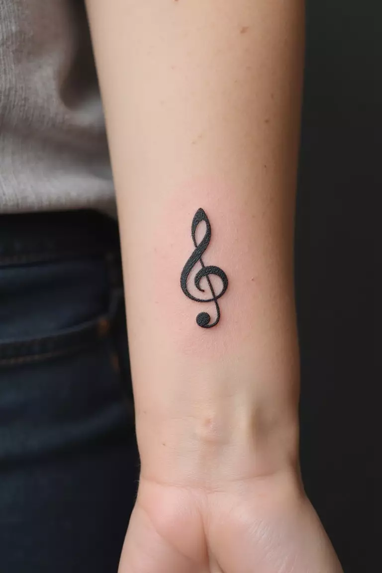 A close-up shot of a woman's arm with a black ink tattoo of a single, simple musical note like a quaver.