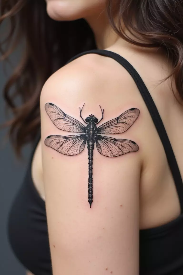 A close-up shot of a woman's arm with a black ink tattoo of a delicate dragonfly with transparent-looking wings.
