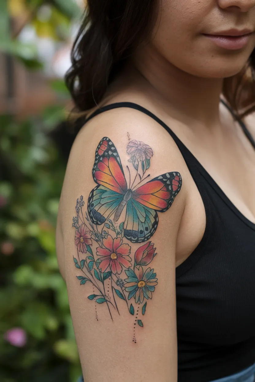 Colorful Butterfly With Garden Flowers