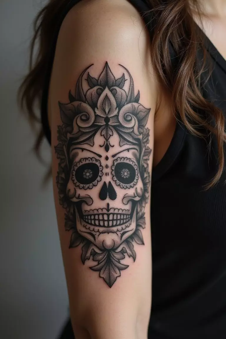 Sugar Skull Dia De Muertos A close-up shot of a woman showing her black ink Sugar Skull Dia De Muertos tattoo design on her arm