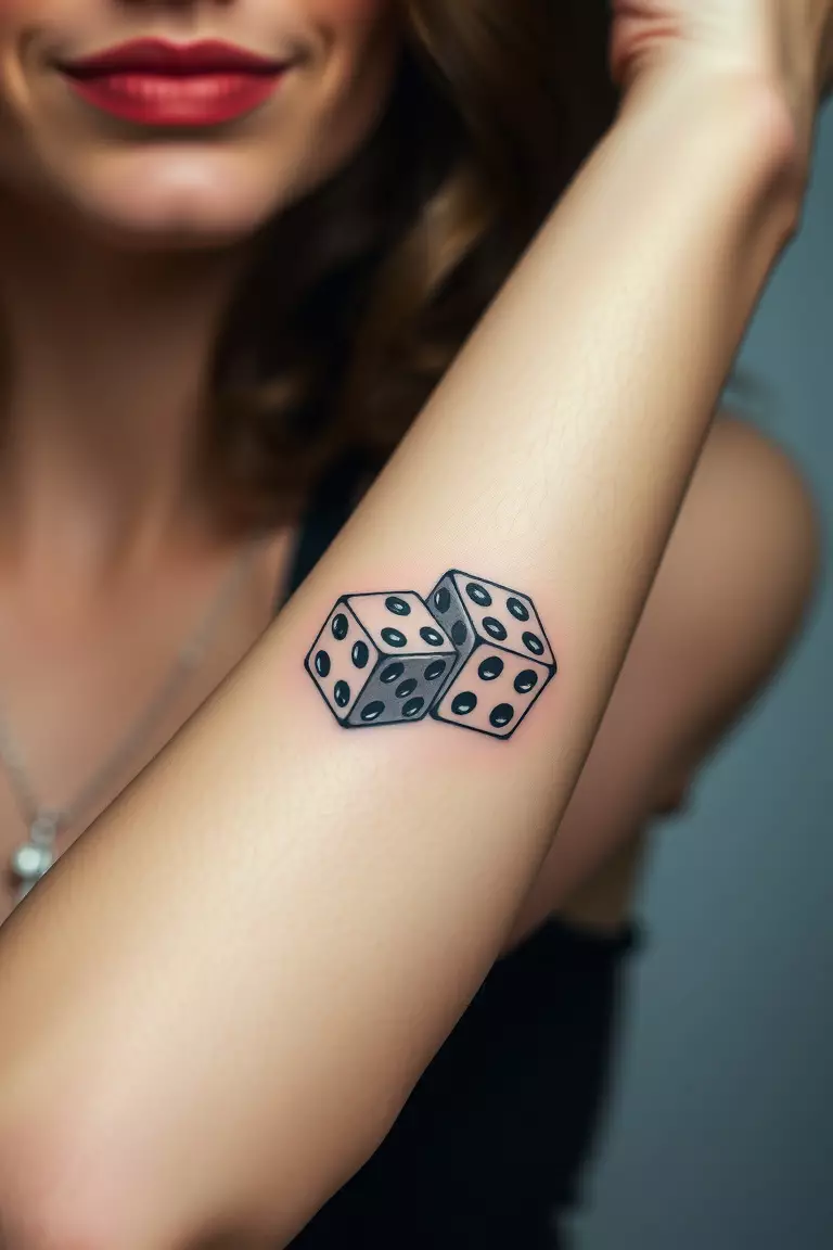 Dice A close-up shot of a woman showing her black ink pair of dice showing lucky sevens tattoo design on her arm
