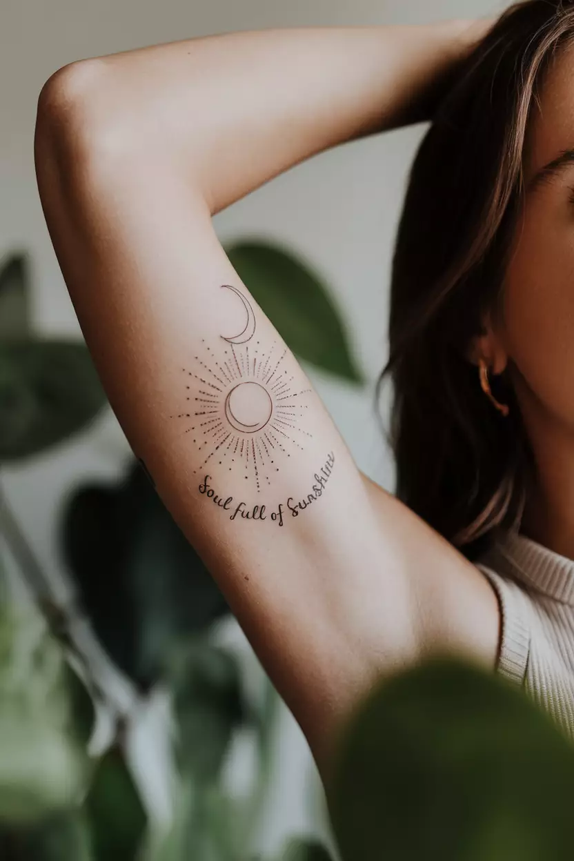 A close-up photo of a woman showing her arm with a delicate fineline tattoo of the moon and the sun, accompanied by the text "soul full of sunshine"