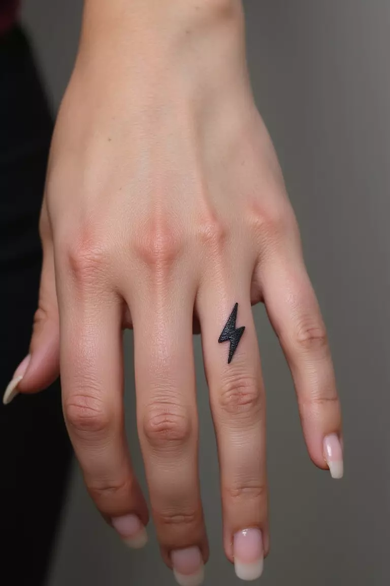 A close-up shot of a woman showing her black ink tiny lightning bolt tattoo design on her side finger