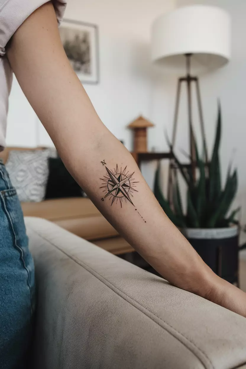 Tiny Sun Compass A close-up photo of a woman showing her tiny sun compass tattoo with fine details, tattoo design, living room background