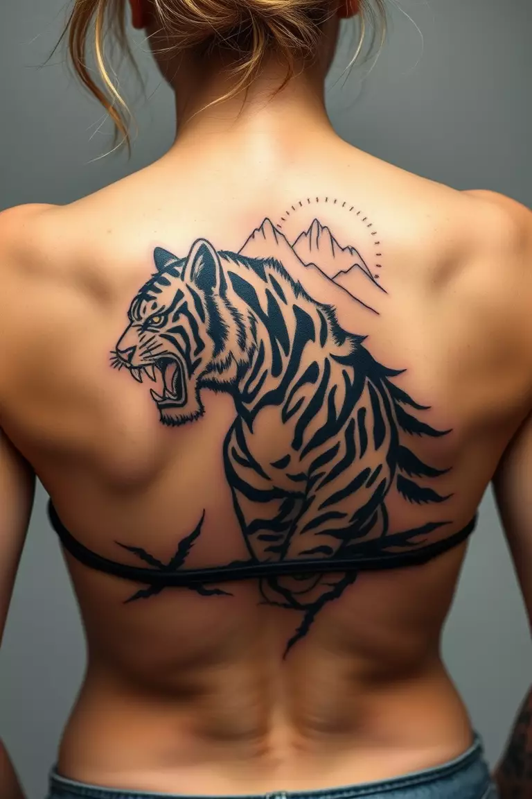 A photo of a woman with a tiger and mountain tattoo on her back, illustrating strength and nature in harmony.  