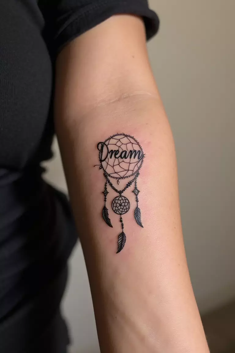 A close up shot of woman's arm with a black ink name dreamcatcher tattoo.  