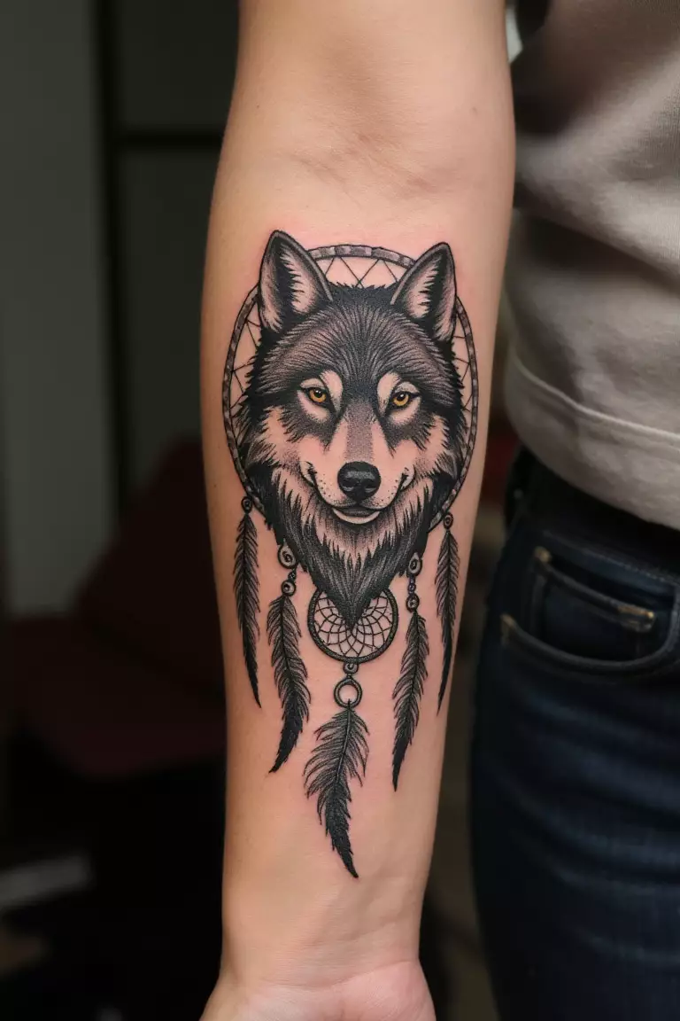 A close up shot of woman's arm with a black ink wolf dreamcatcher tattoo.  