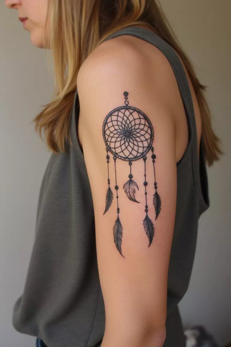 A close up shot of woman's arm with a black ink minimalist dreamcatcher tattoo.  