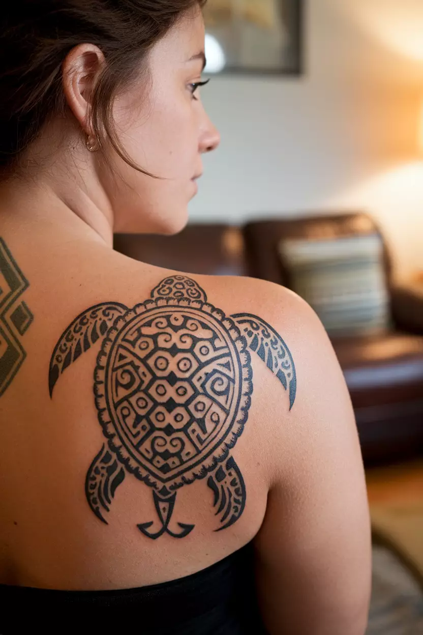A close-up photo of a woman showing her tribal turtle tattoo on her back, featuring intricate black patterns that symbolize strength and connection to nature, living room background.